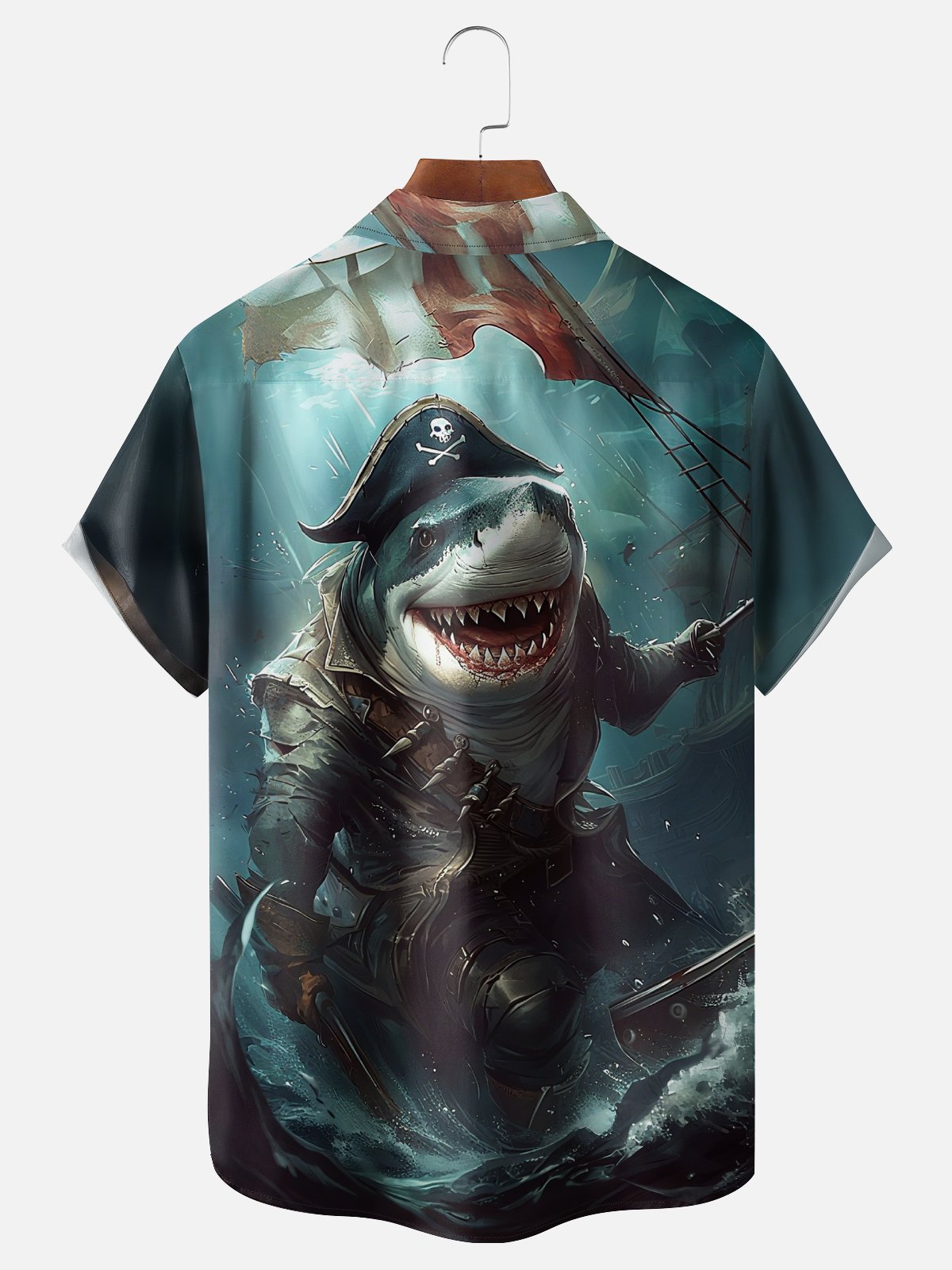 Moisture Wicking Pirate Shark Chest Pocket Hawaiian Shirt