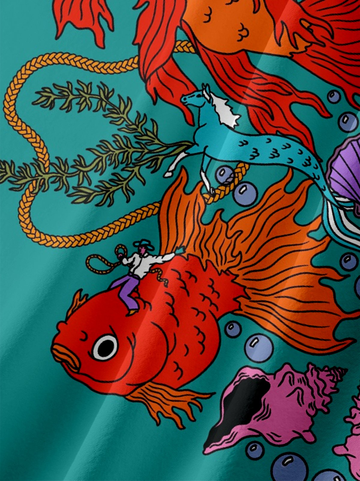 Hardaddy X Artist Janet Johnson Moisture Wicking Abstract Ocean Elements Seahorse Art Painting Chest Pocket Hawaiian Shirt
