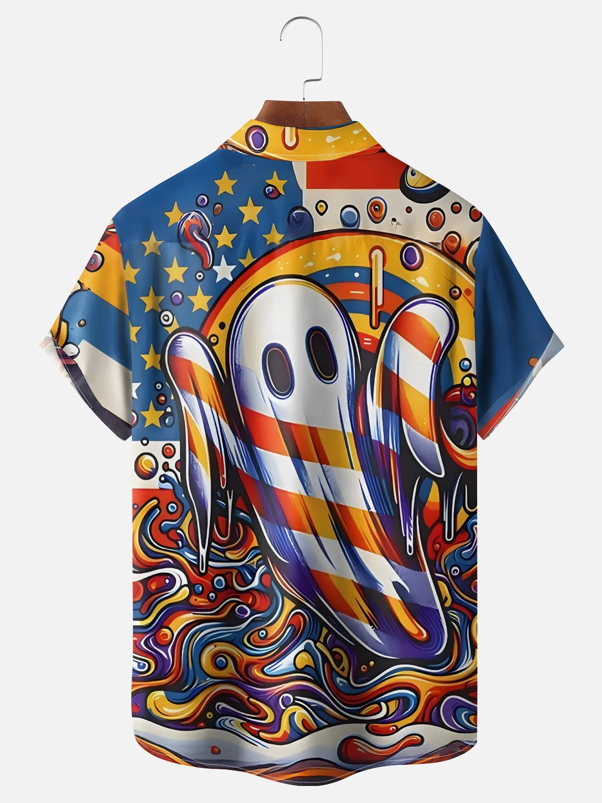 Moisture Wicking Halloween Ghost American Flag Chest Pocket Hawaiian Shirt