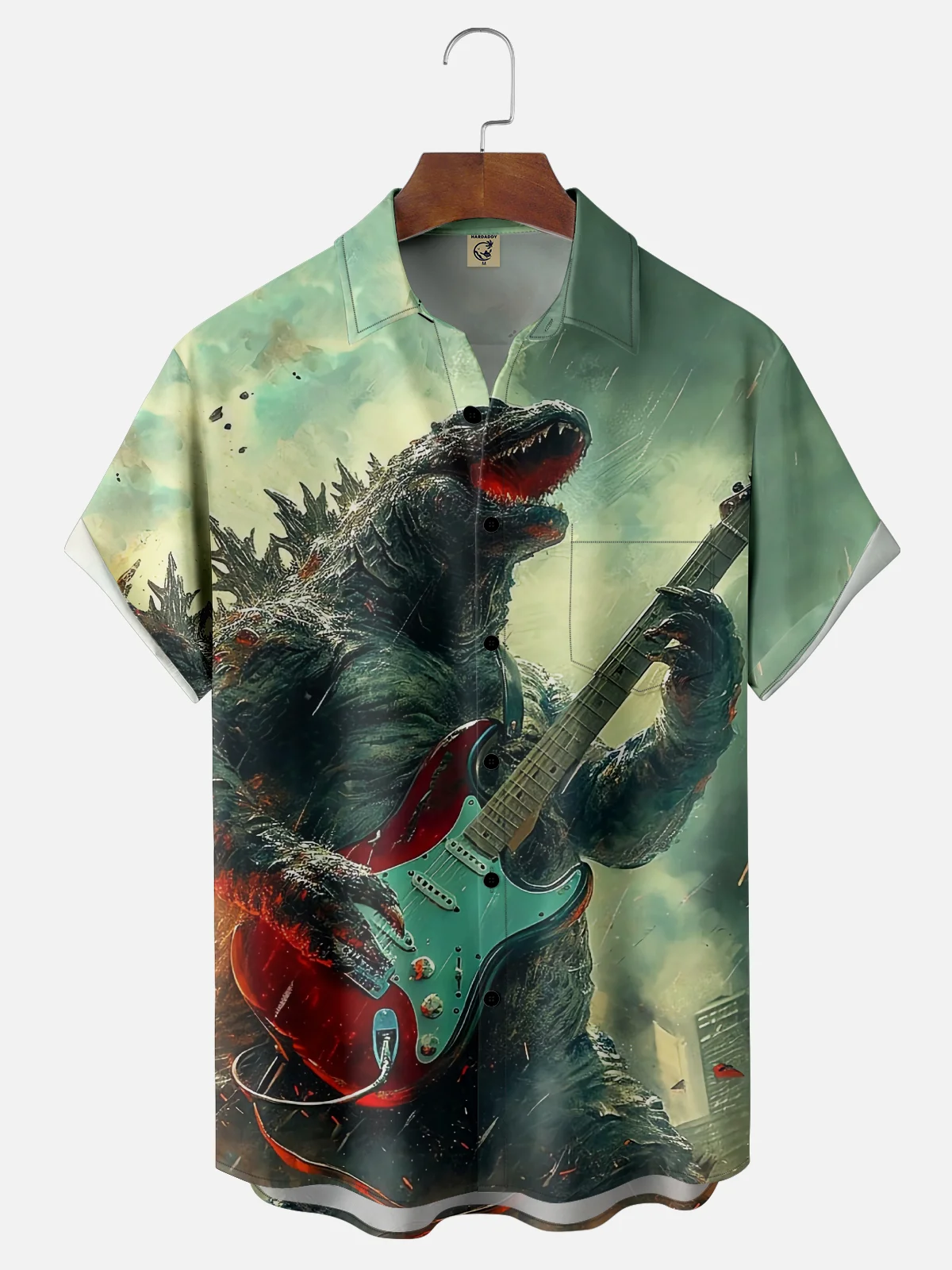 Moisture Wicking Dinosaur Guitar Chest Pocket Hawaiian Shirt