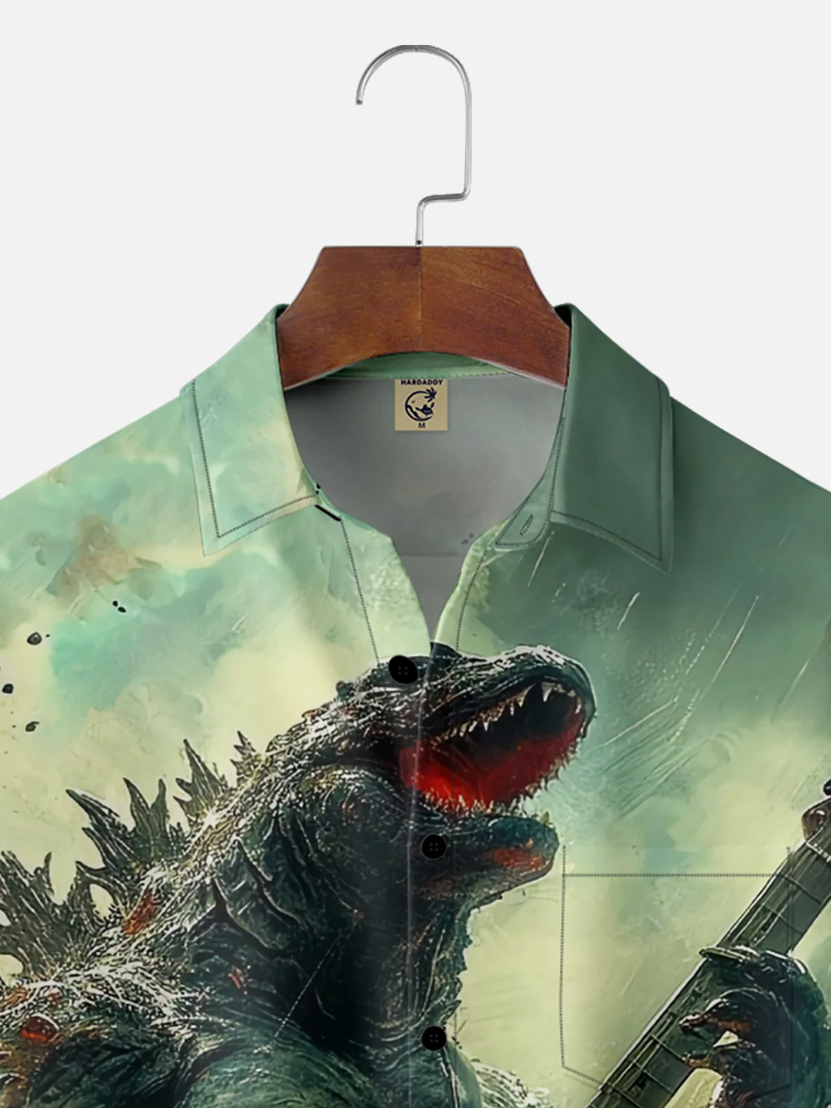 Moisture Wicking Dinosaur Guitar Chest Pocket Hawaiian Shirt