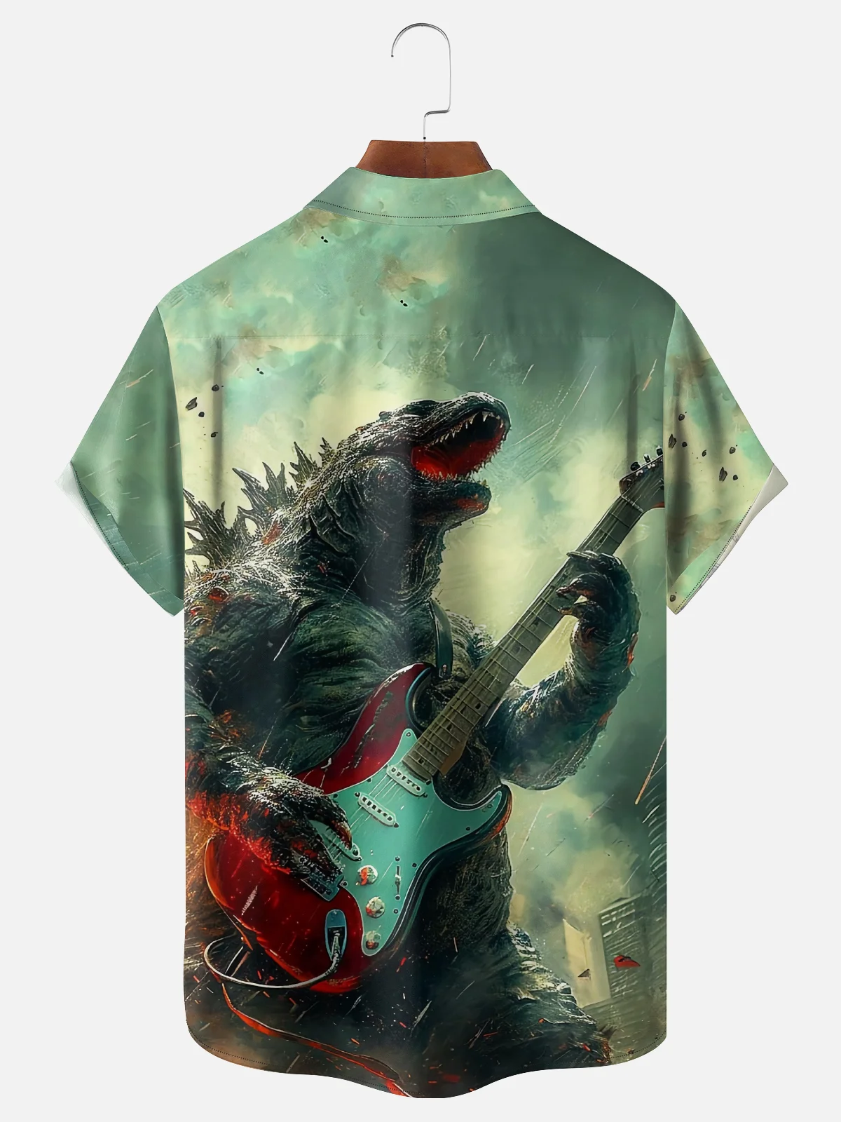 Moisture Wicking Dinosaur Guitar Chest Pocket Hawaiian Shirt