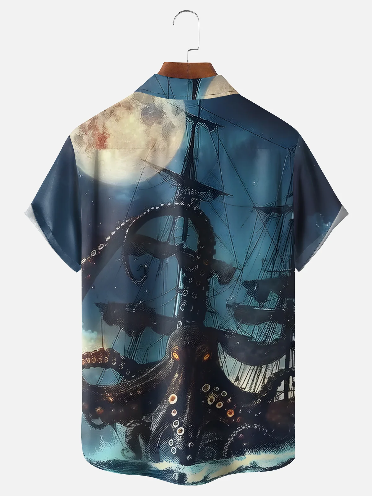 Moisture-Wicking Ombre Abstract Octopus Sailboat Chest Pocket Hawaiian Shirt