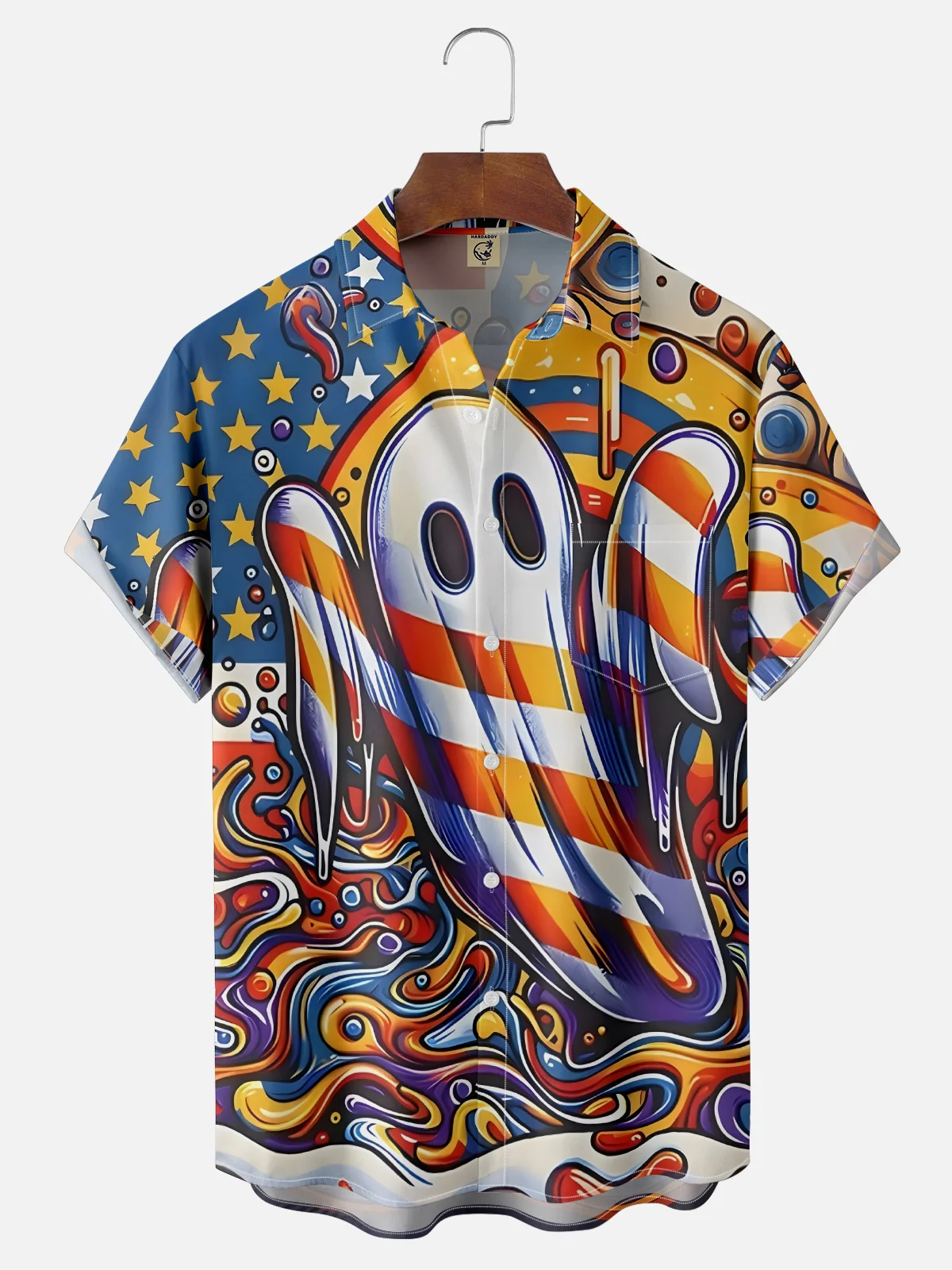 Moisture Wicking Halloween Ghost American Flag Chest Pocket Hawaiian Shirt