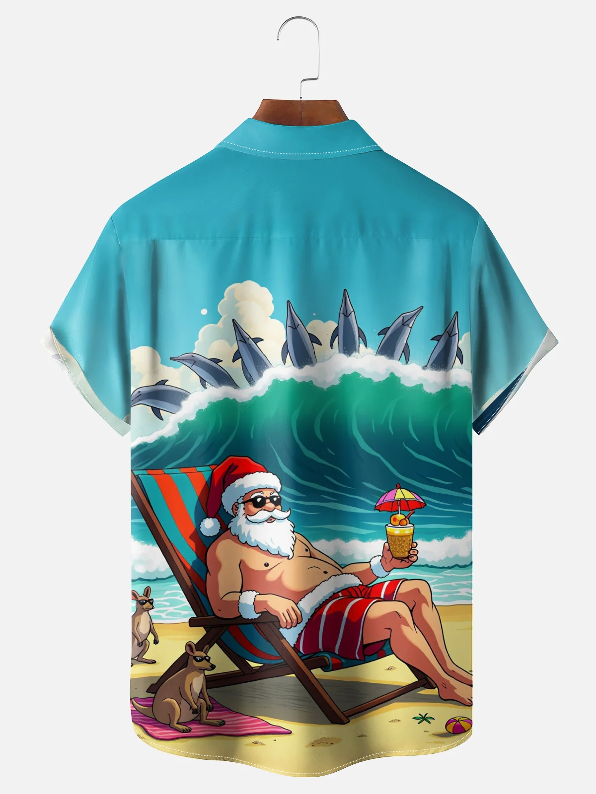 Moisture Wicking Christmas Beach Santa Vacation Chest Pocket Hawaiian Shirt