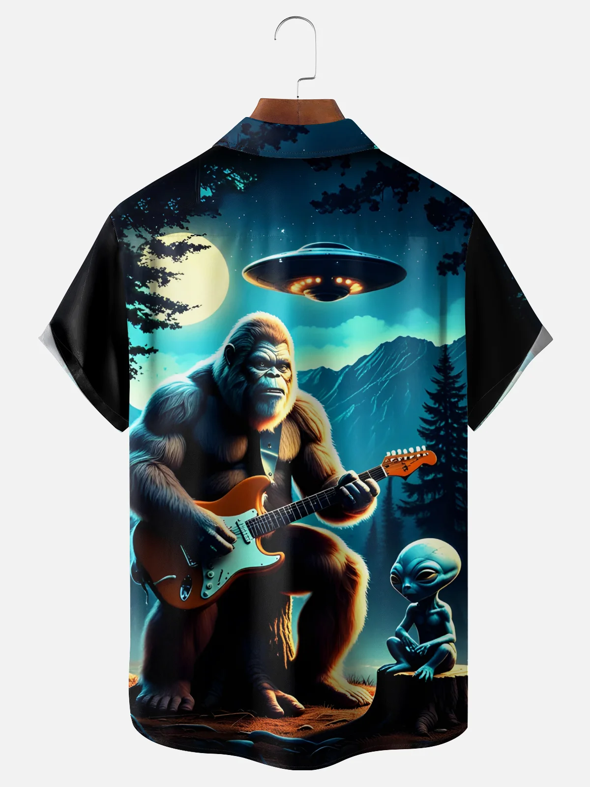 Moisture Wicking UFO Alien Bigfoot Guitar Music Chest Pocket Hawaiian Shirt