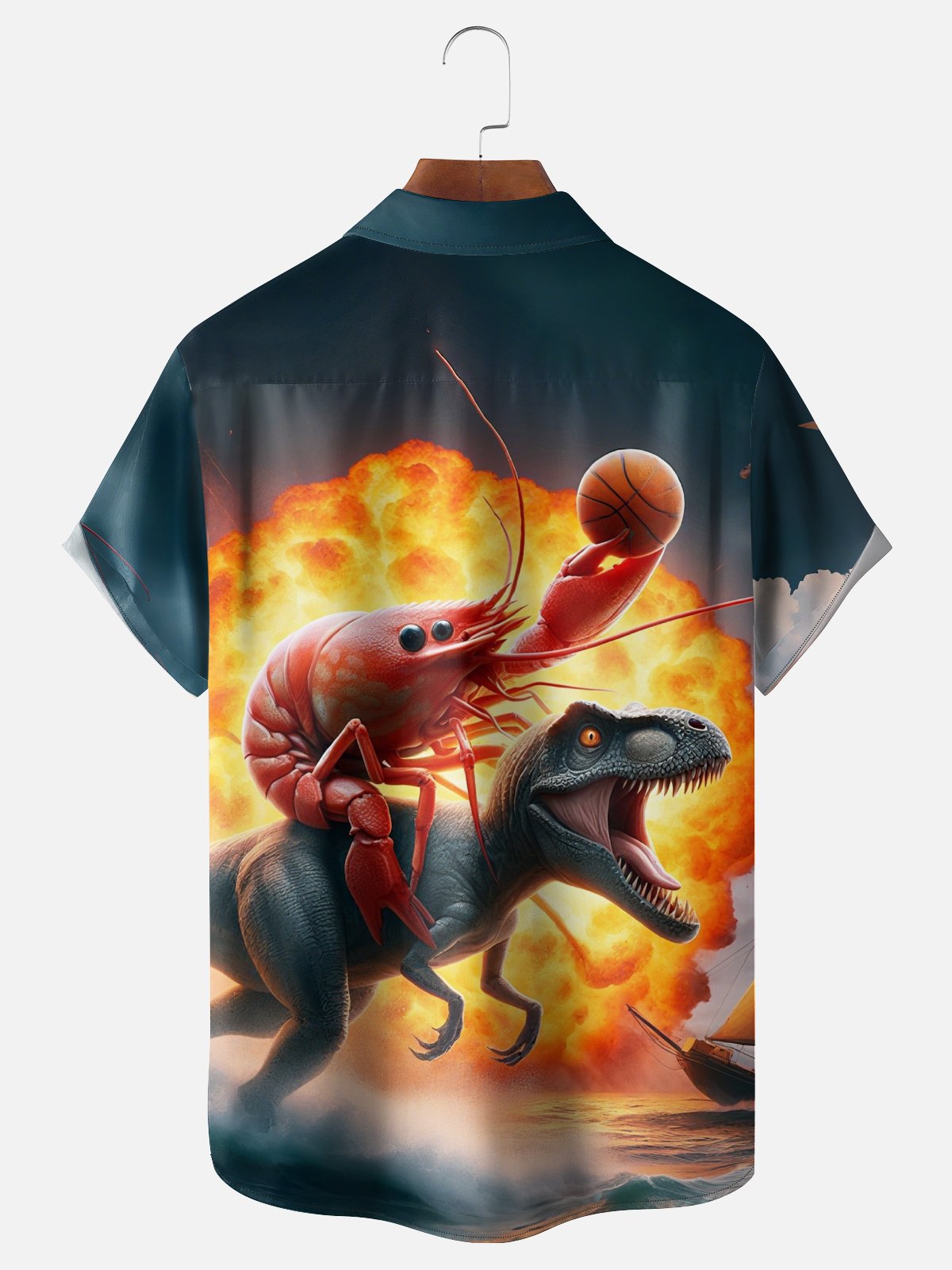 Moisture Wicking Lobster Dinosaur Basketball Chest Pocket Hawaiian Shirt