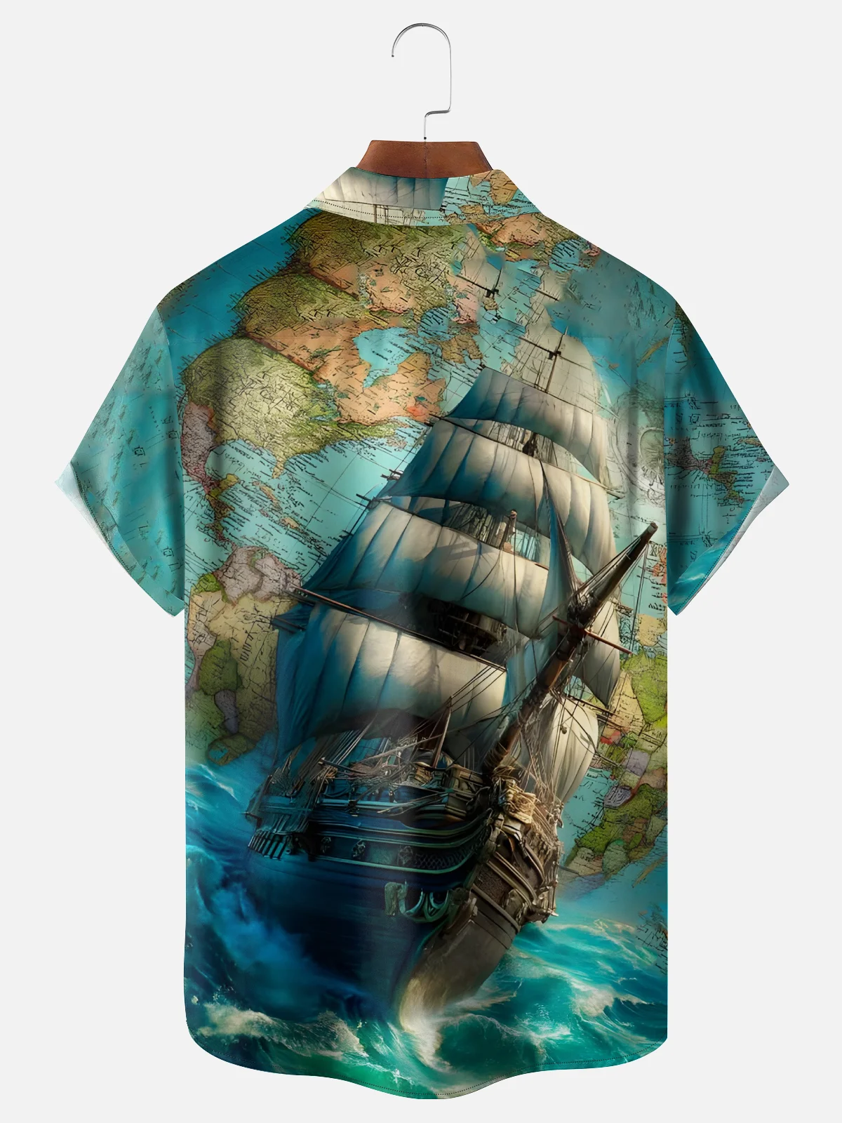 Moisture-Wicking Gradient Abstract Sailboat Map Chest Pocket Hawaiian Shirt