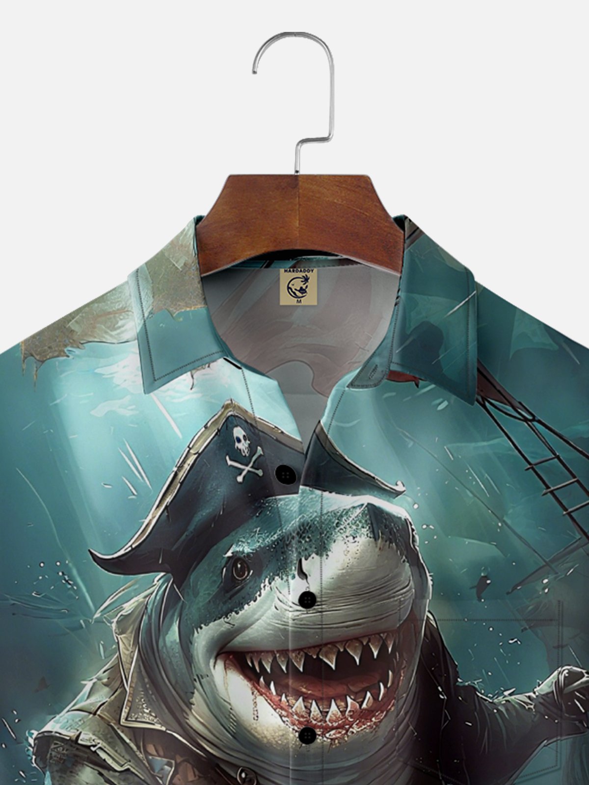 Moisture Wicking Pirate Shark Chest Pocket Hawaiian Shirt