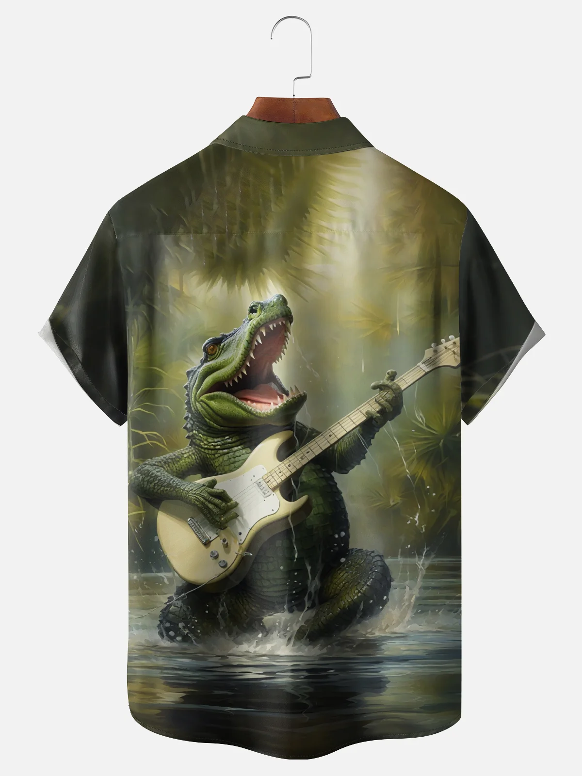 Moisture Wicking Fun Guitar Croc Chest Pocket Hawaiian Shirt