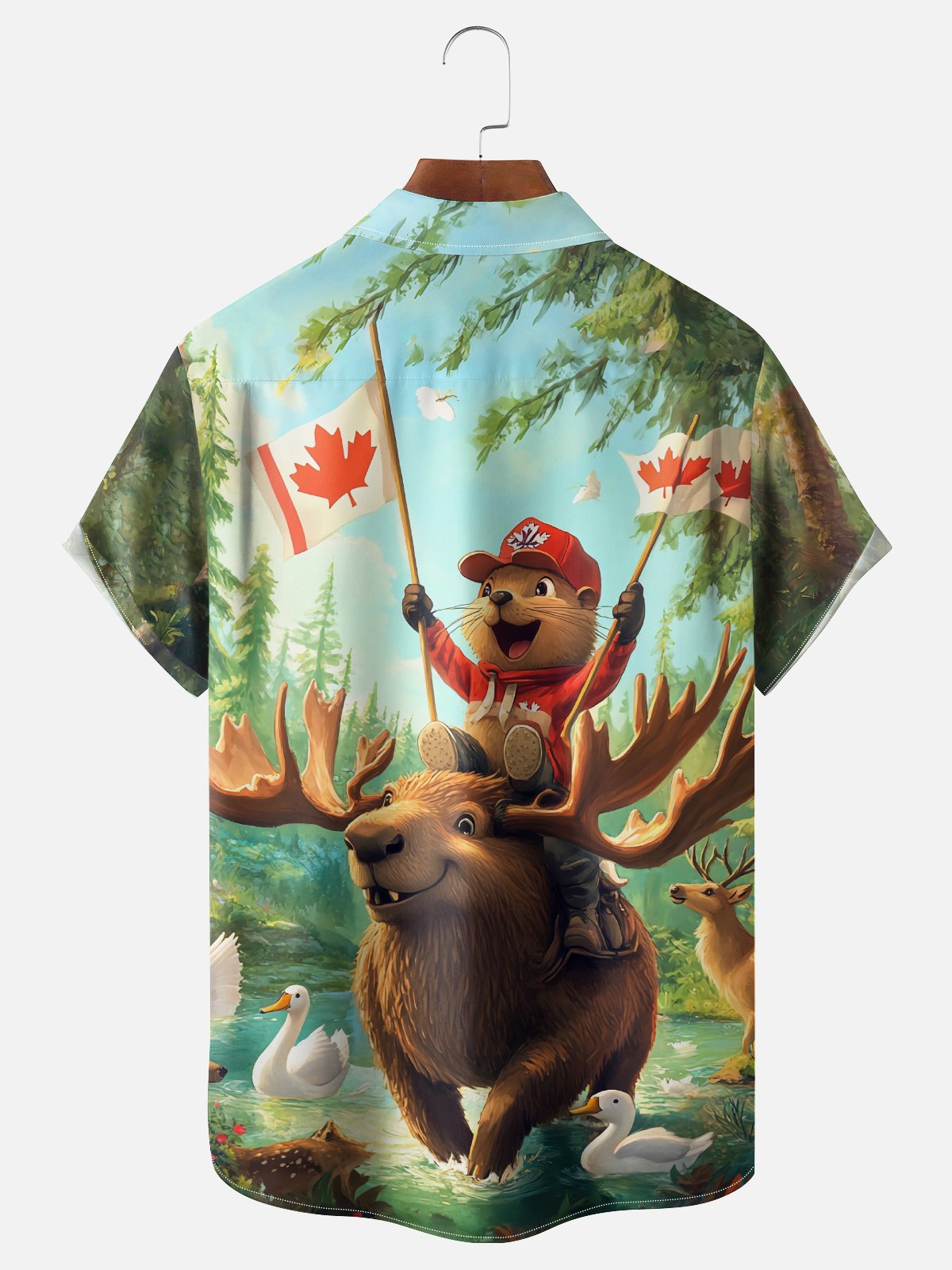 Moisture Wicking Canadian Beaver Riding A Moose Chest Pocket Hawaiian Shirt
