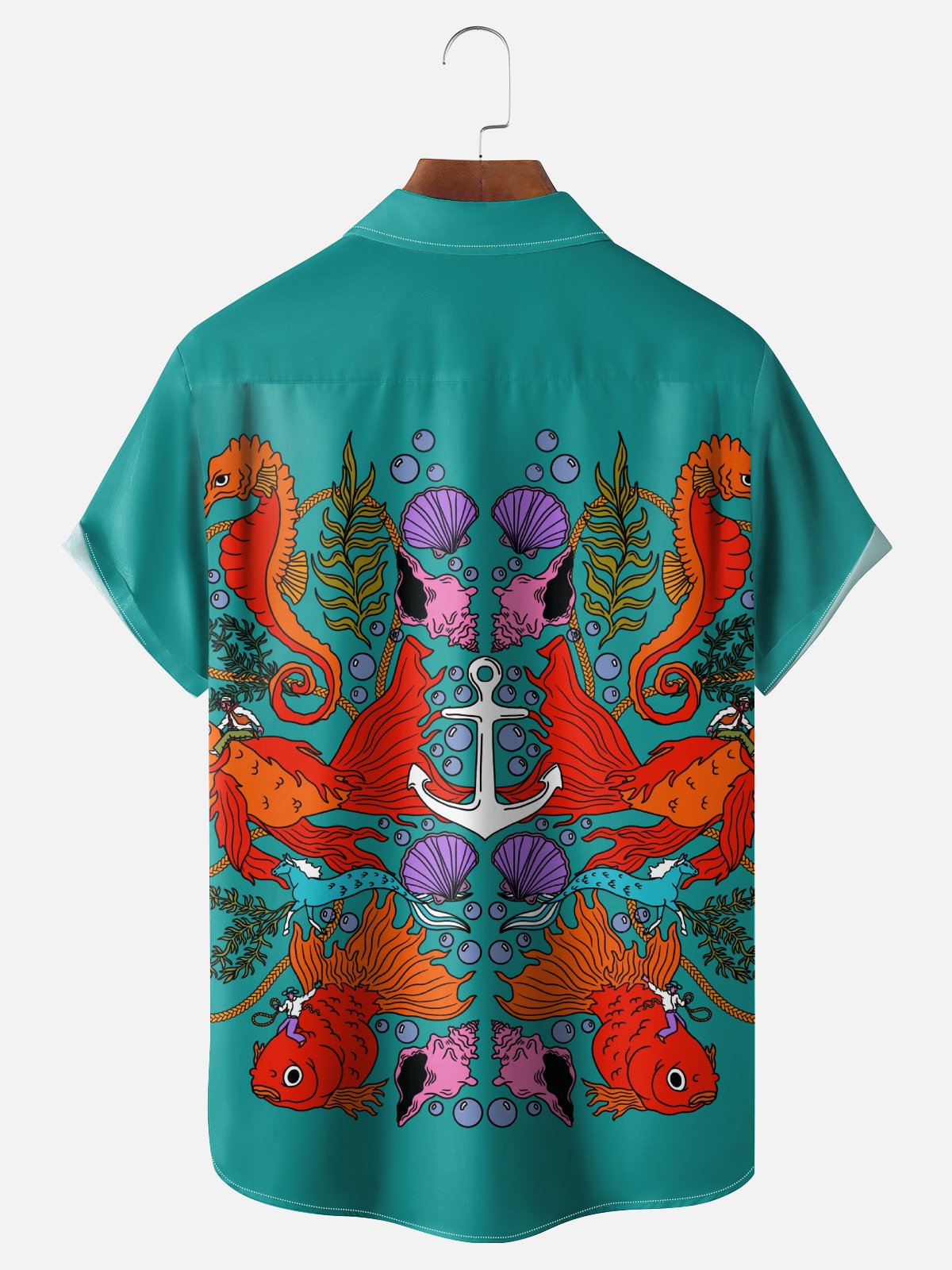Hardaddy X Artist Janet Johnson Moisture Wicking Abstract Ocean Elements Seahorse Art Painting Chest Pocket Hawaiian Shirt