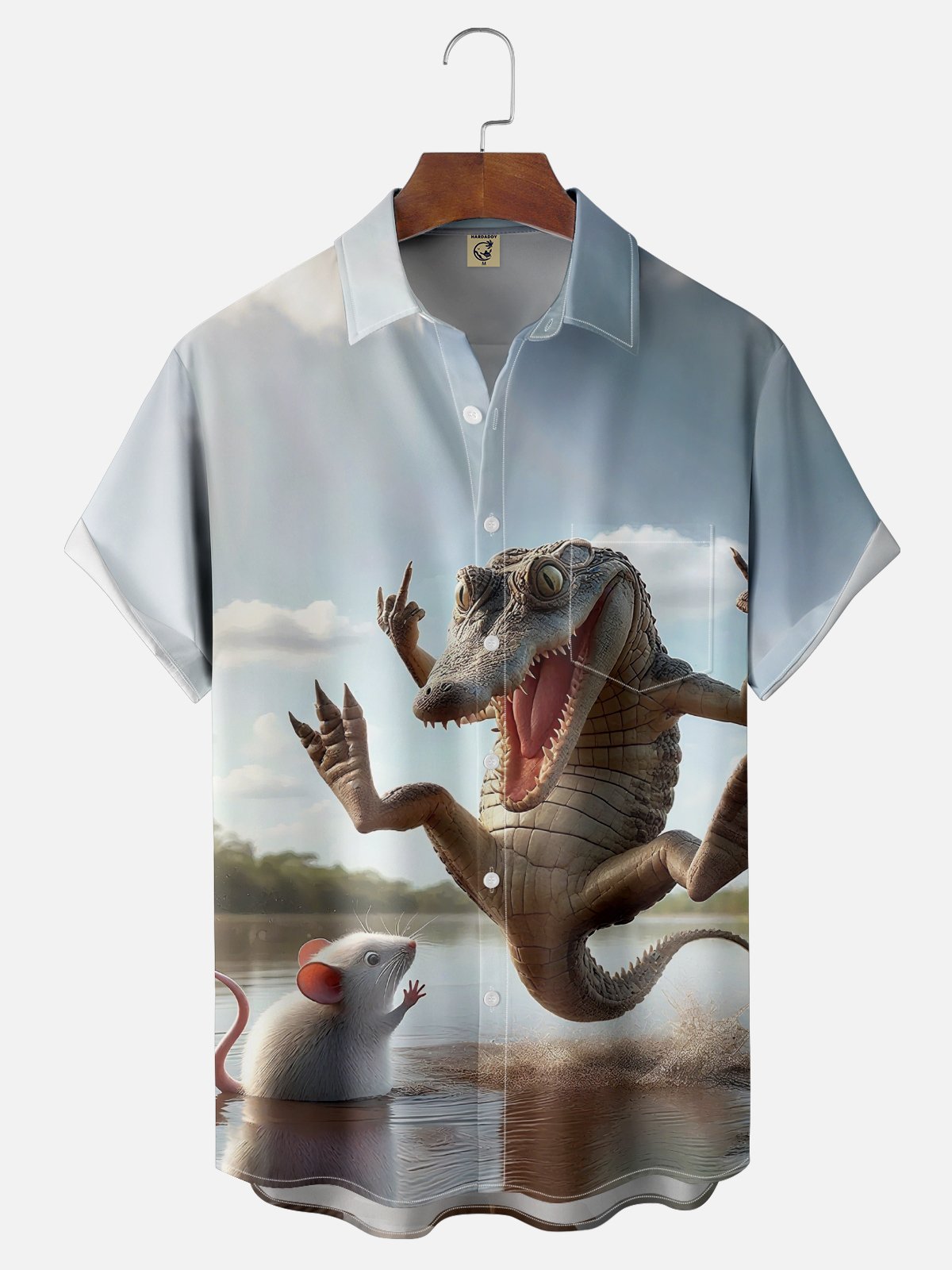 Moisture Wicking Funny Croc Mouse Chest Pocket Hawaiian Shirt