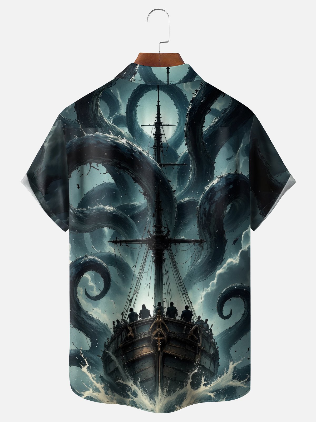 Moisture-Wicking Ombre Abstract Octopus Sailboat Chest Pocket Hawaiian Shirt