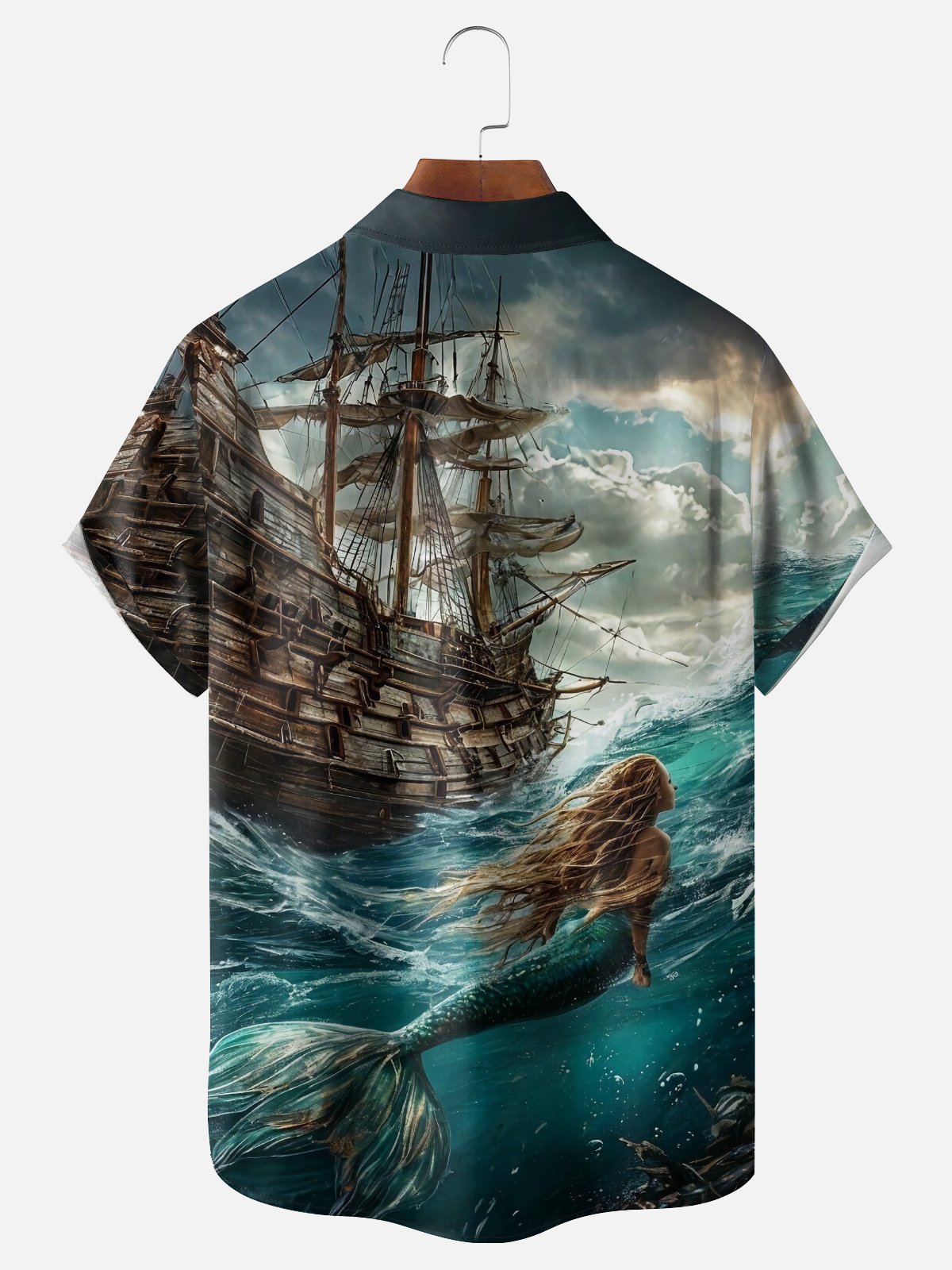 Moisture-wicking Pirate Ship Siren Mermaid Chest Pocket Casual Shirt