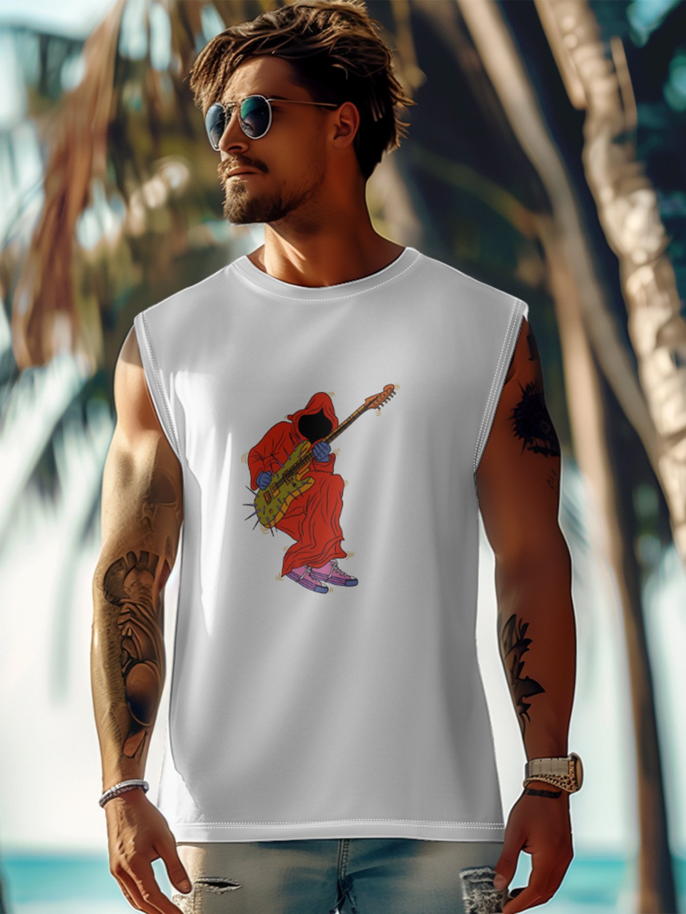 Hardaddy X Artist Janet Johnson Mens Crewneck Tank Tops Ghost Playing Guitar Beach Sleeveless Shirt