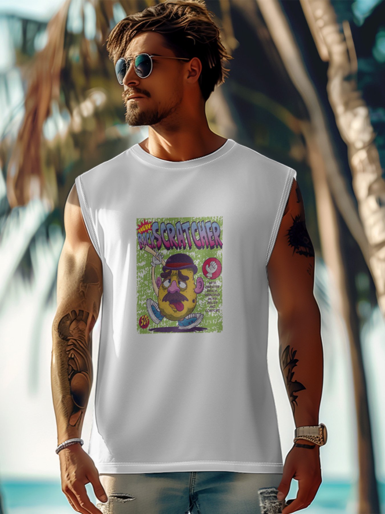 Hardaddy X Artist Marcio Lima Mens Crewneck Tank Tops Back Scratcher Beach Sleeveless Shirt