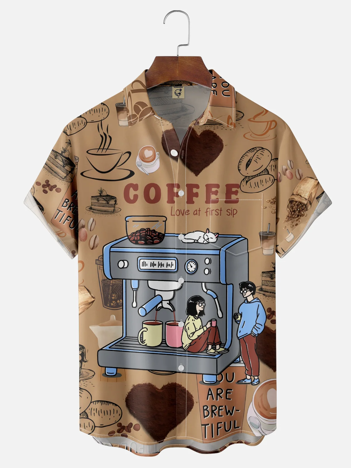 Hardaddy x Kimprut Imut Moisture Wicking Coffee Maker Lettering Cat Chest Pocket Hawaiian Shirt