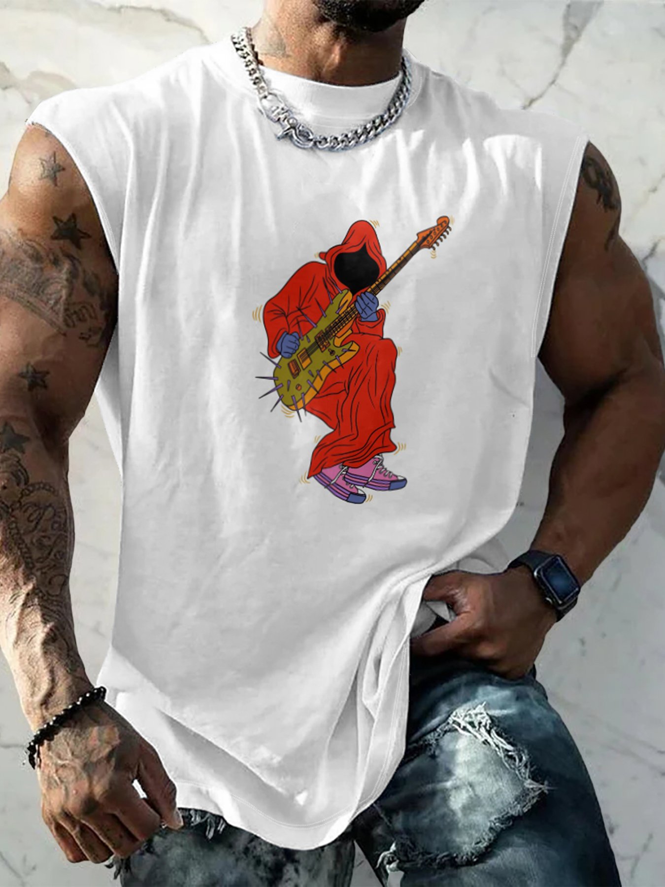 Hardaddy X Artist Janet Johnson Mens Crewneck Tank Tops Ghost Playing Guitar Beach Sleeveless Shirt