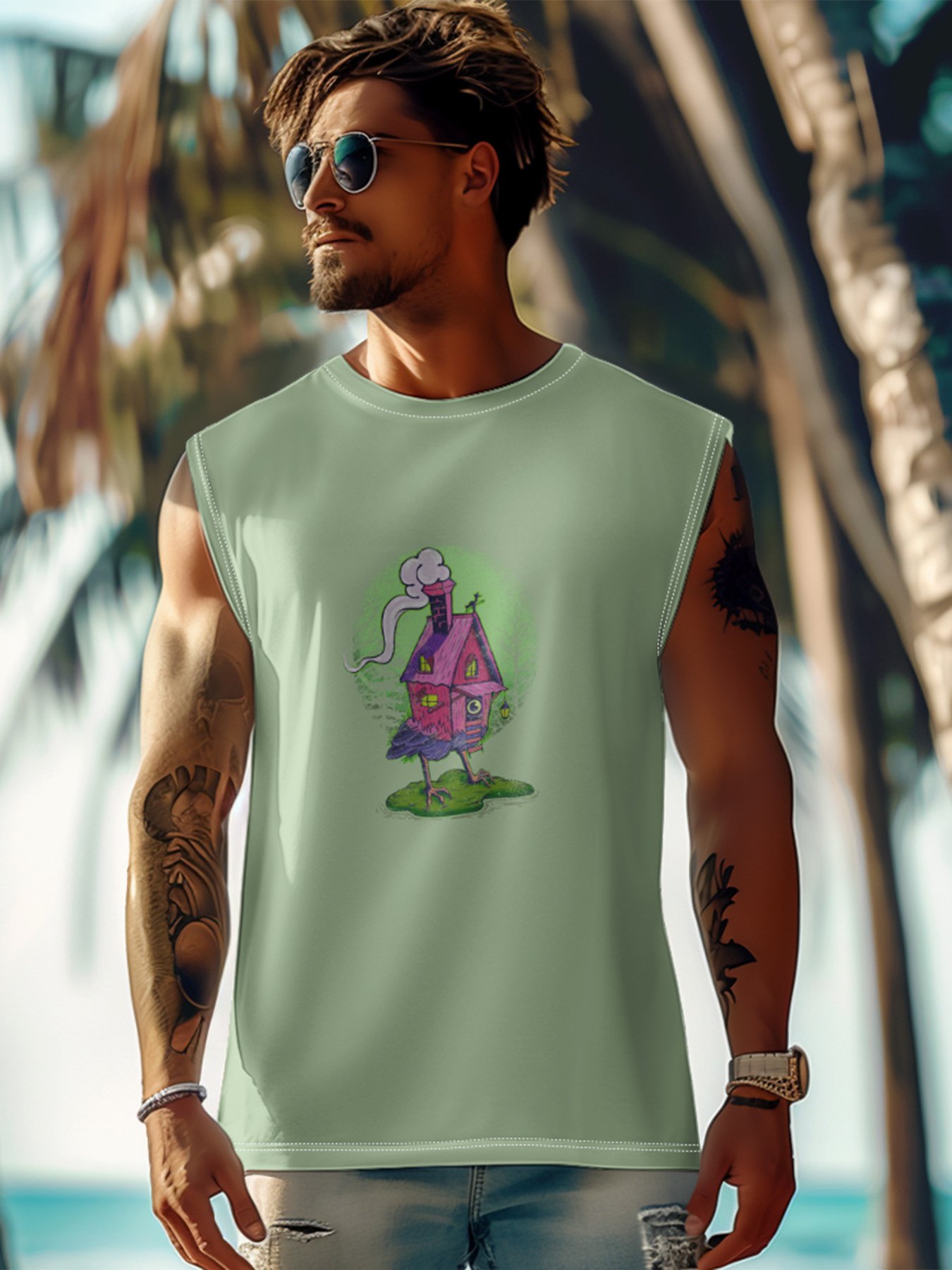 Hardaddy X Artist Marcio Lima Mens Crewneck Tank Tops House Chicken Beach Sleeveless Shirt