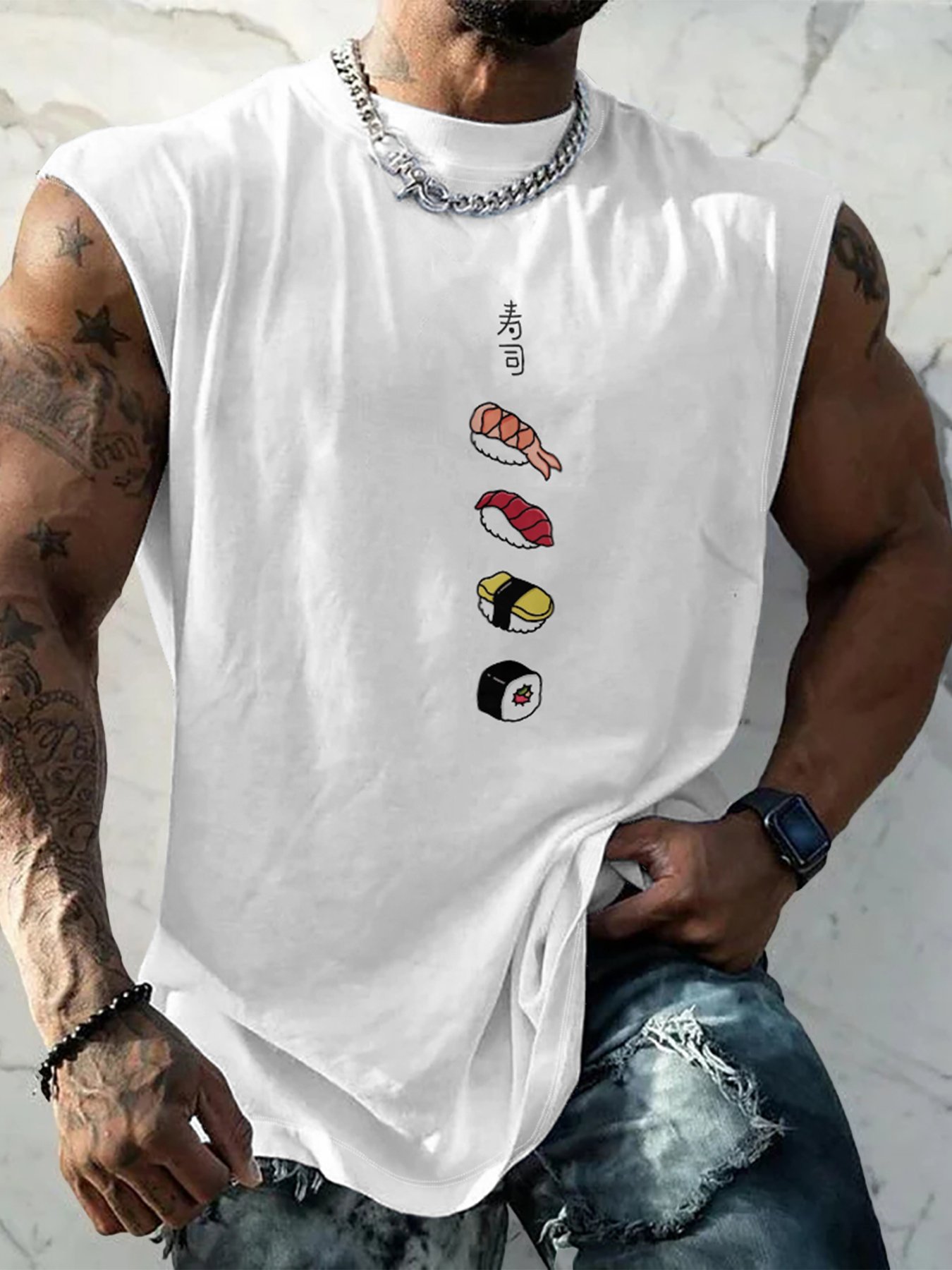 Hardaddy X Artist Kimprut Imut Mens Crewneck Tank Tops Sushi Beach Sleeveless Shirt