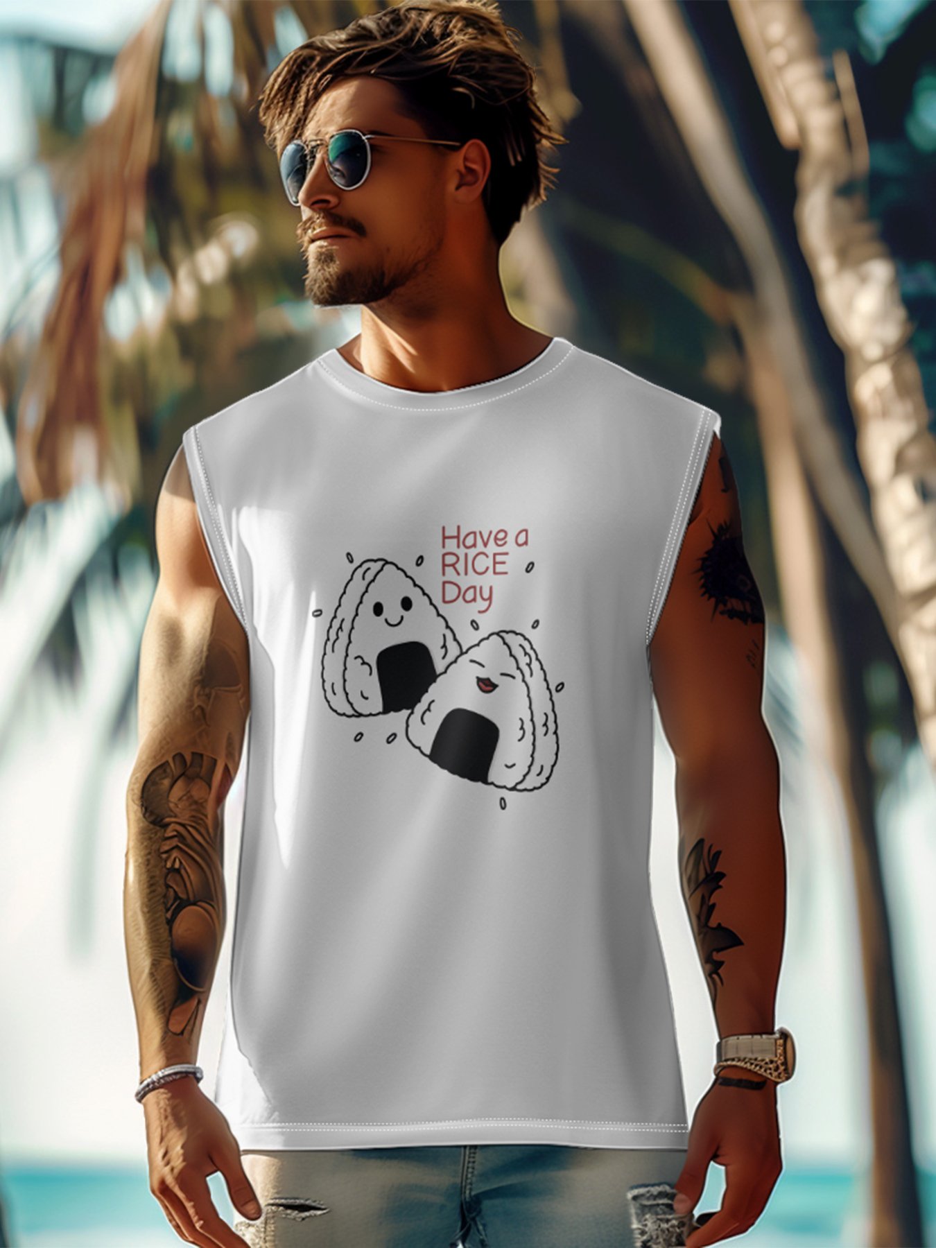 Hardaddy X Artist Kimprut Imut Mens Crewneck Tank Tops Japanese Rice Balls Beach Sleeveless Shirt