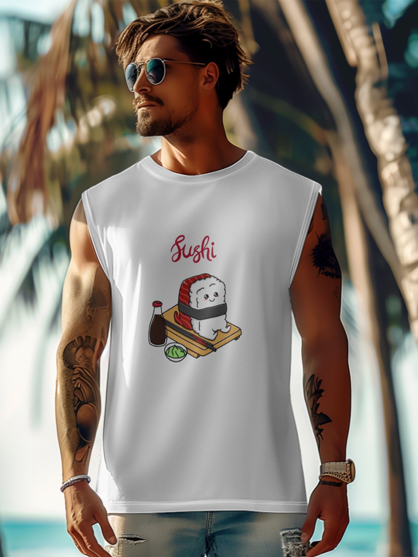 Hardaddy X Artist Kimprut Imut Mens Crewneck Tank Tops Sushi Soy Beach Sleeveless Shirt