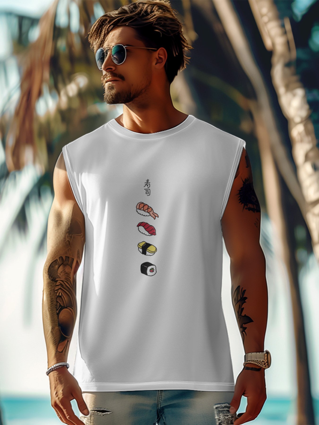 Hardaddy X Artist Kimprut Imut Mens Crewneck Tank Tops Sushi Beach Sleeveless Shirt