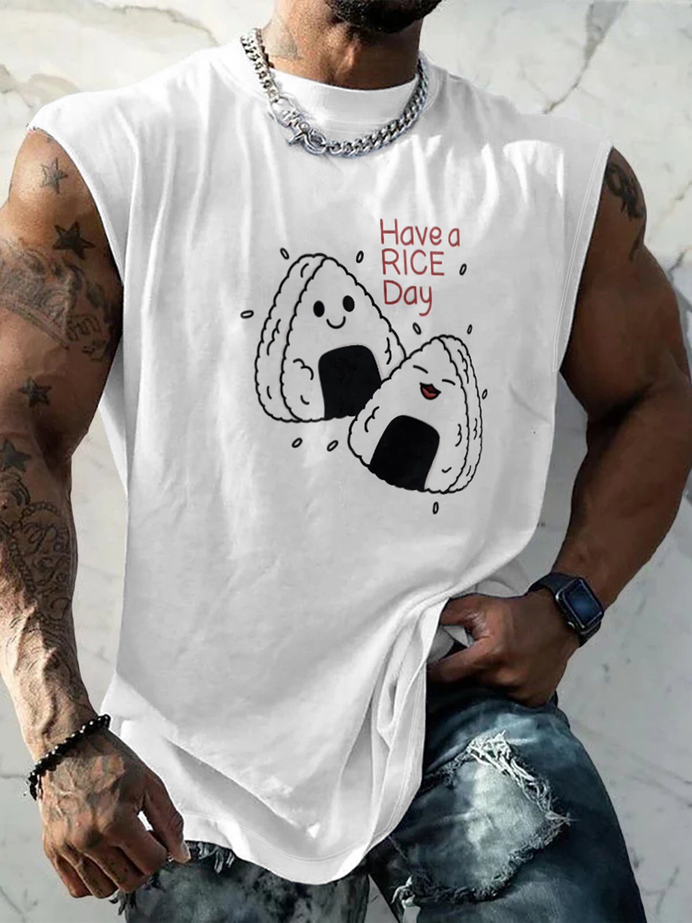 Hardaddy X Artist Kimprut Imut Mens Crewneck Tank Tops Japanese Rice Balls Beach Sleeveless Shirt