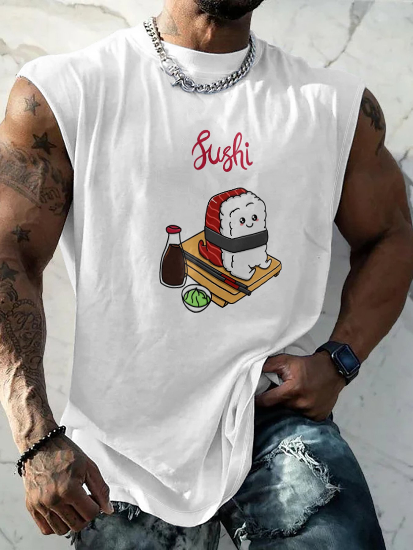 Hardaddy X Artist Kimprut Imut Mens Crewneck Tank Tops Sushi Soy Beach Sleeveless Shirt