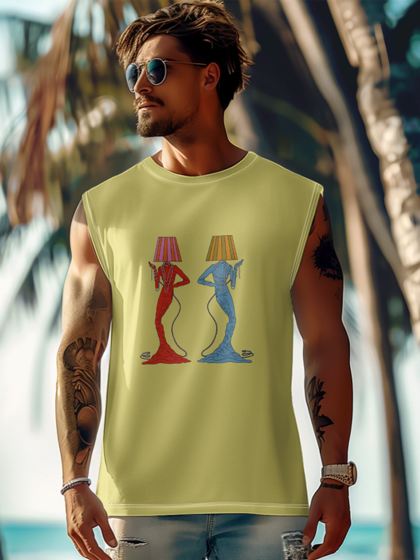 Hardaddy X Artist Janet Johnson Mens Crewneck Tank Tops Mermaid Table Lamp Beach Sleeveless Shirt