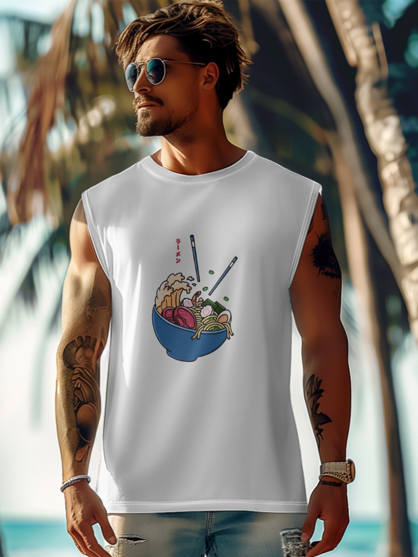 Hardaddy X Artist Kimprut Imut Mens Crewneck Tank Tops Japanese Ramen Beach Sleeveless Shirt