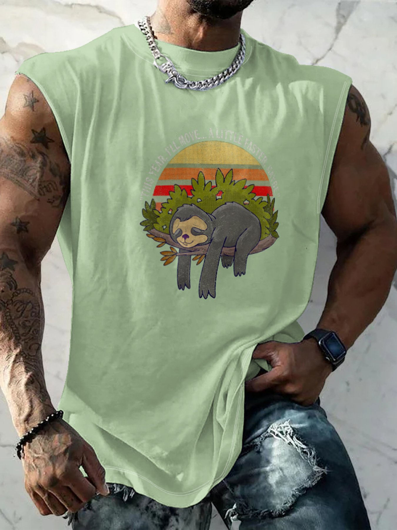 Hardaddy X Artist Marcio Lima Mens Crewneck Tank Tops Sloth Beach Sleeveless Shirt