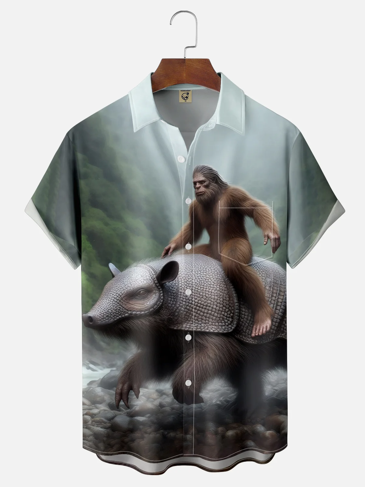 Moisture-wicking Bigfoot vs. Armadillo Fun Chest Pocket Hawaiian Shirt
