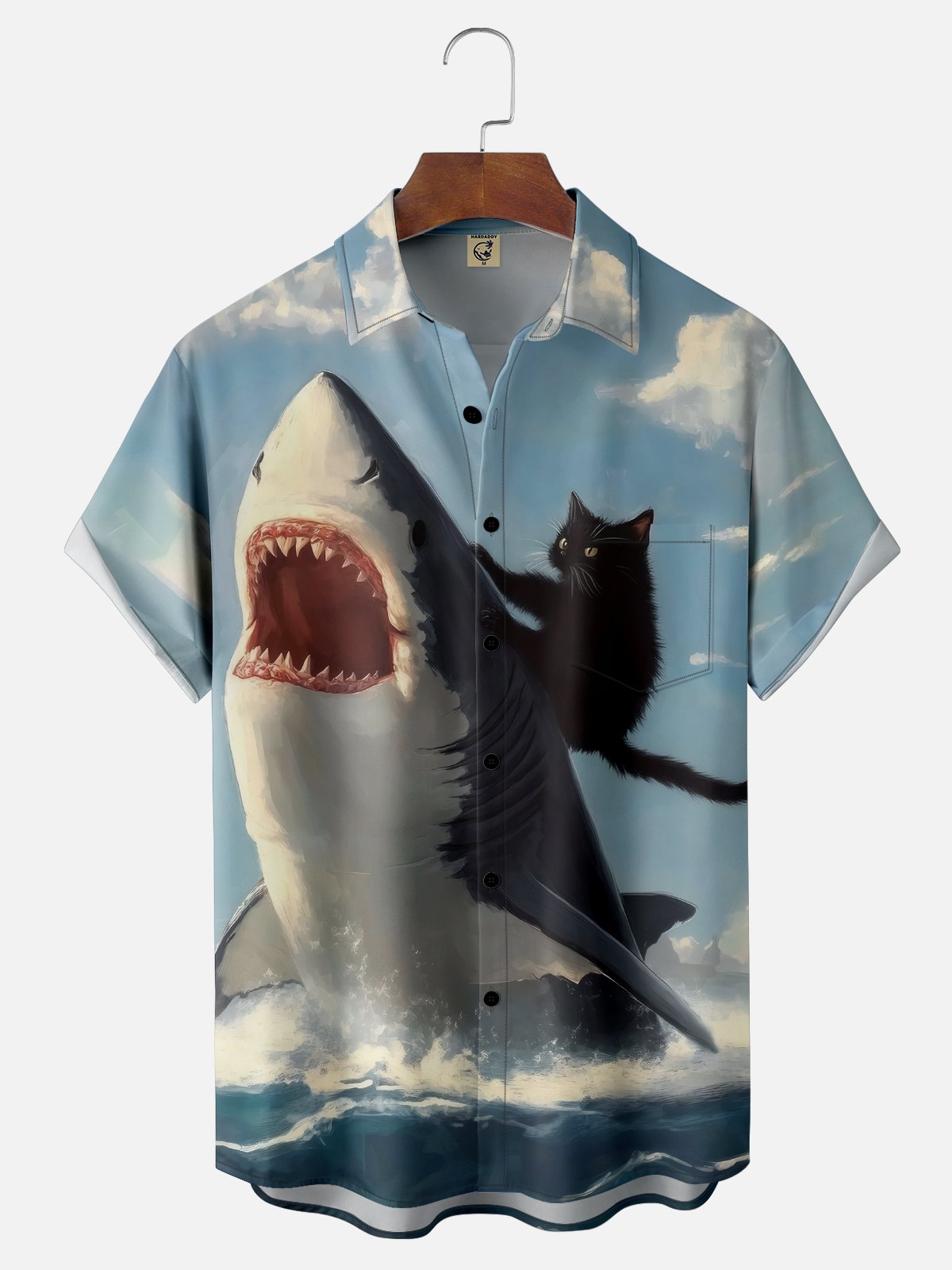 Moisture-wicking Crazy Cat Shark Fun Chest Pocket Hawaiian Shirt