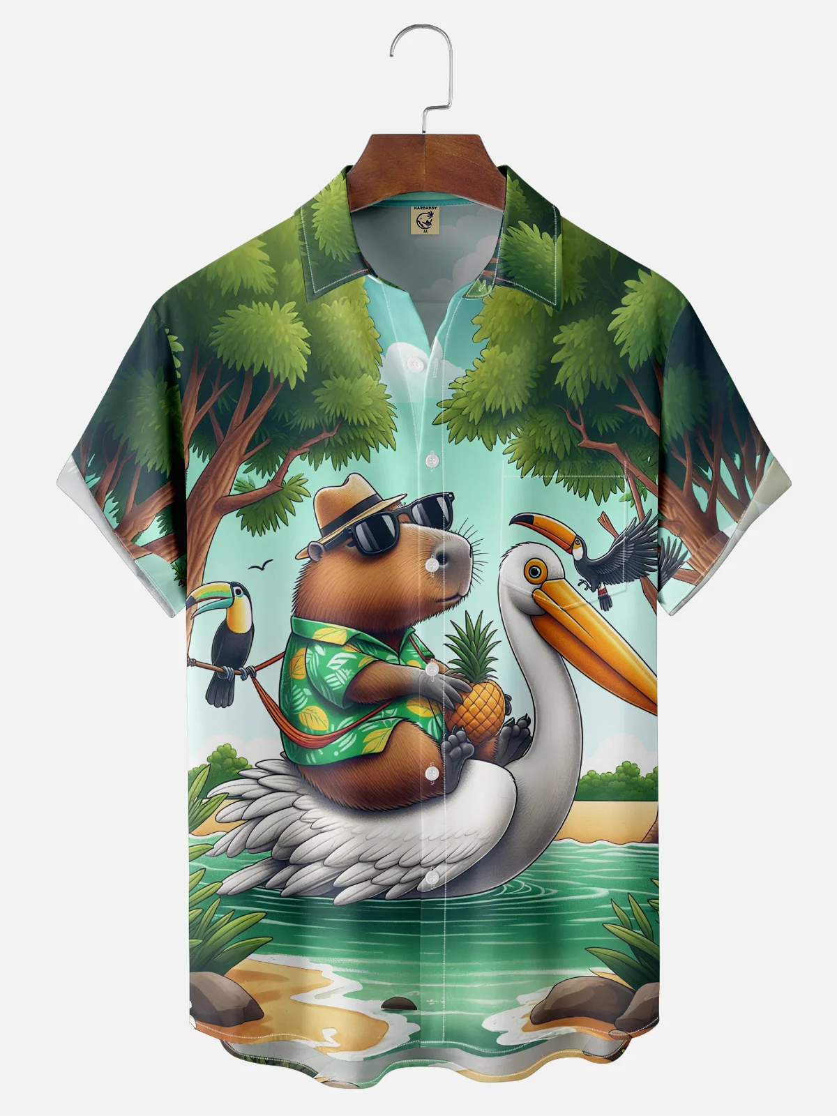 Moisture Wicking Capybara Parrot Beach Chest Pocket Hawaiian Shirt