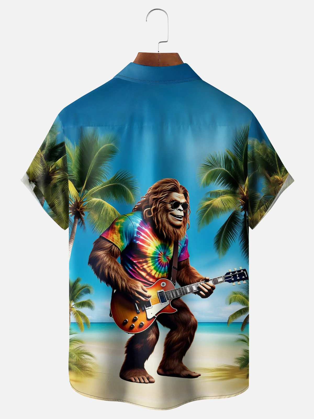 Moisture Wicking Hippie Bigfoot Guitar Coconut Tree Chest Pocket Hawaiian Shirt