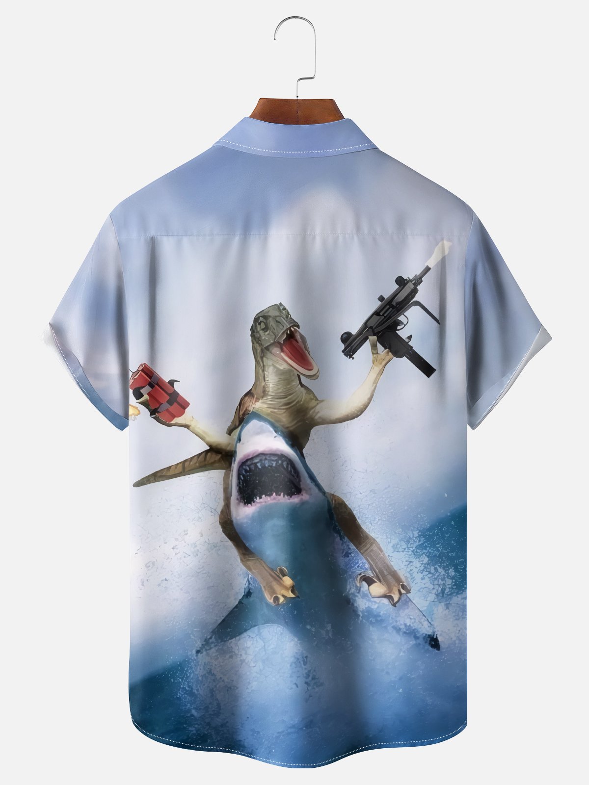 Moisture-wicking Crazy Shark Dinosaur Fun Chest Pocket Hawaiian Shirt