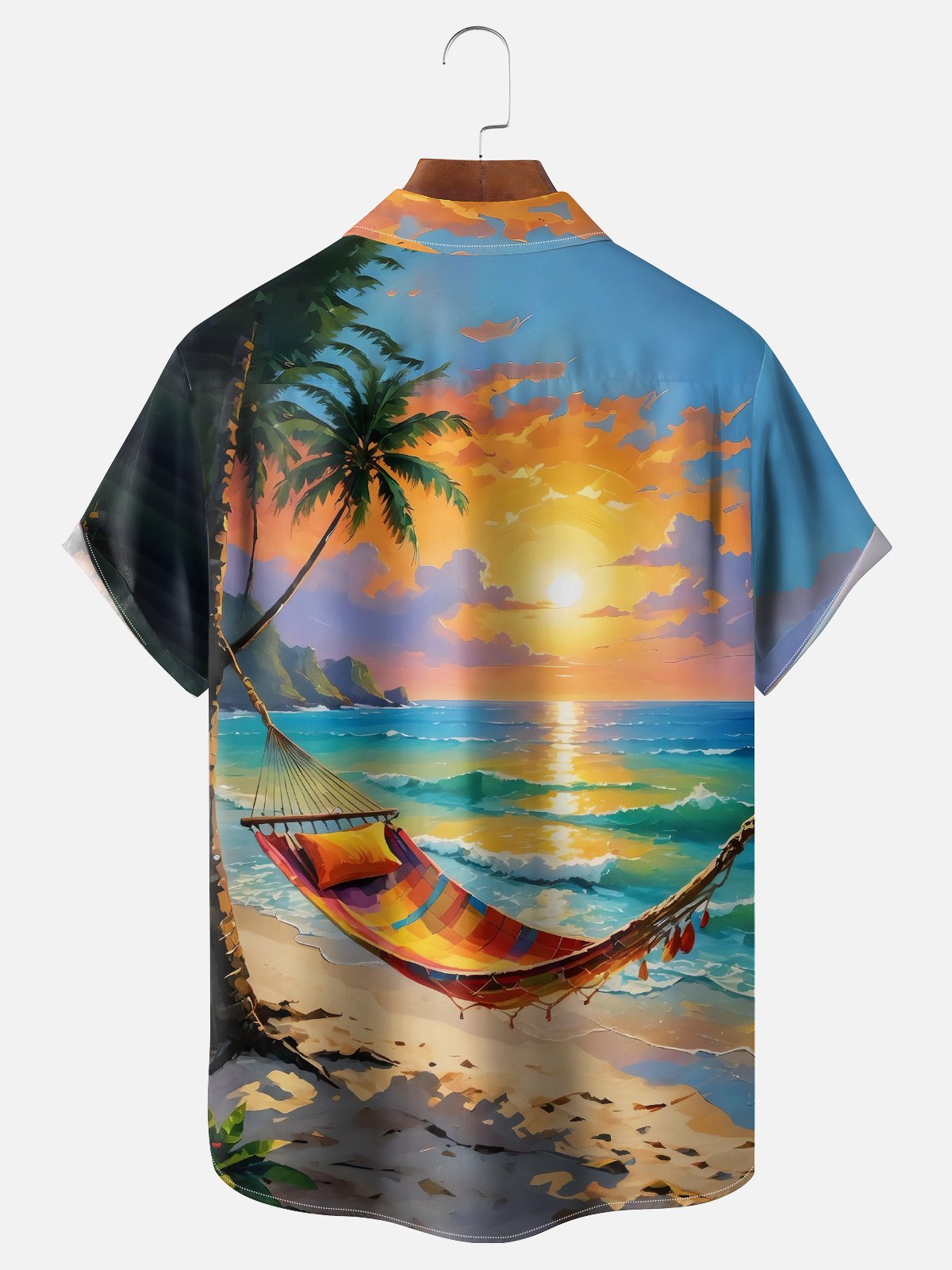 Moisture-wicking Fun Coast Hammock Sunset Chest Pocket Hawaiian Shirt