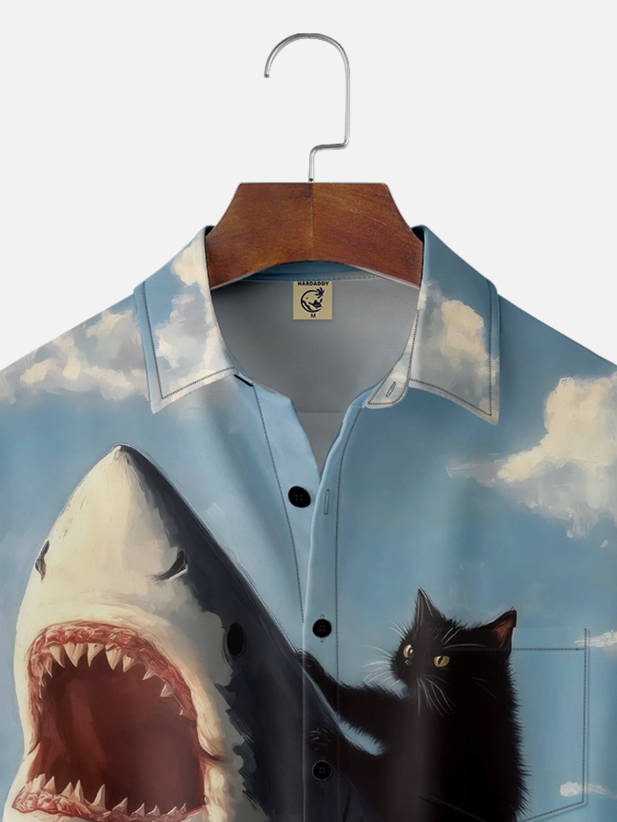 Moisture-wicking Crazy Cat Shark Fun Chest Pocket Hawaiian Shirt