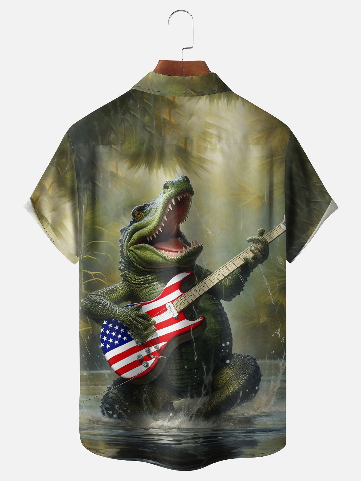 Moisture Wicking American Flag Guitar Alligator Chest Pocket Hawaiian Shirt
