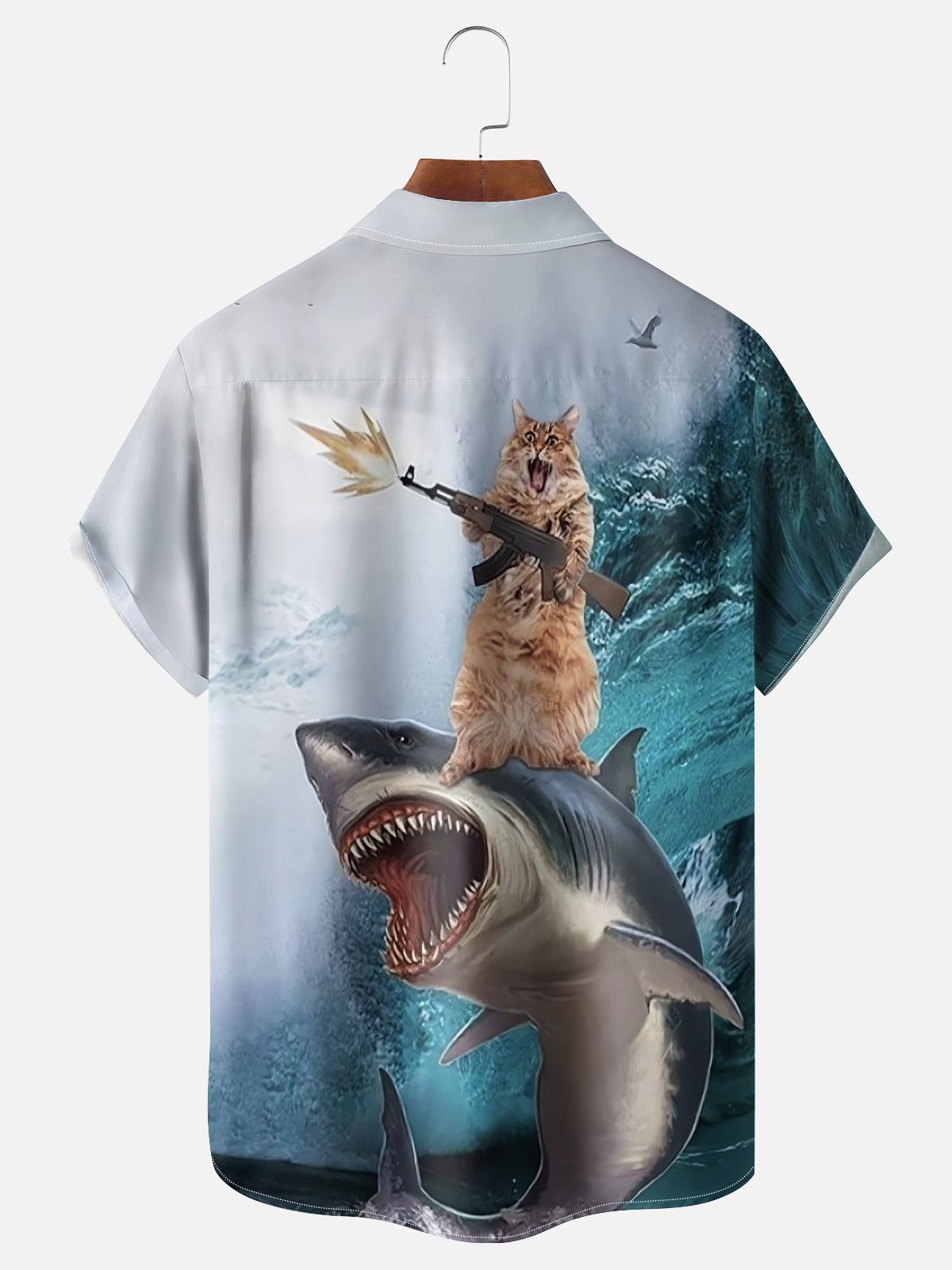 Moisture-wicking Crazy Shark Cat Fun Chest Pocket Hawaiian Shirt
