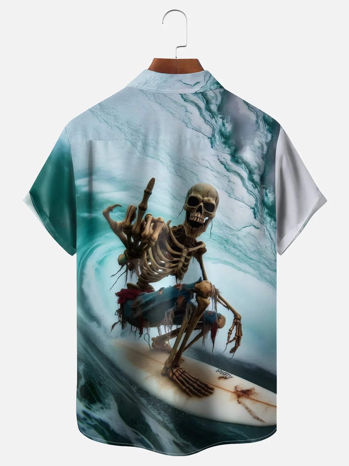 Moisture-wicking Skeleton Surfing Fun Chest Pocket Hawaiian Shirt