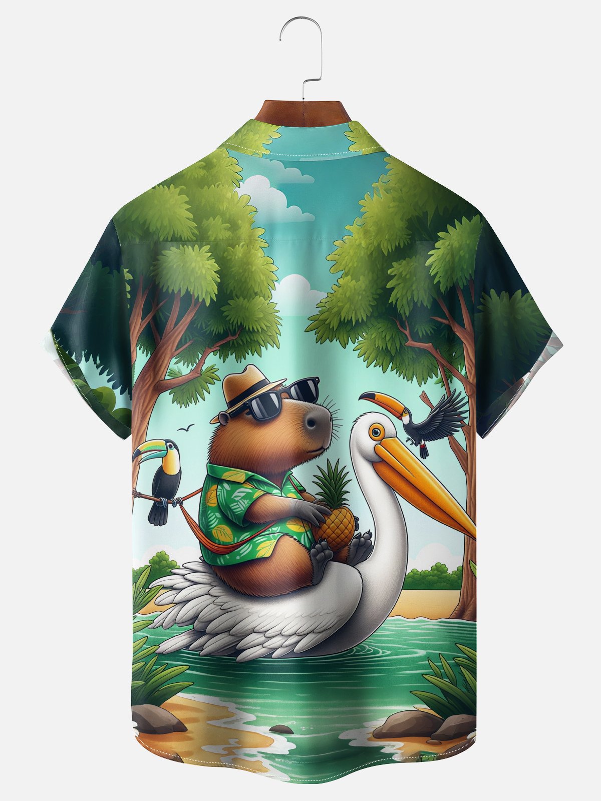 Moisture Wicking Capybara Parrot Beach Chest Pocket Hawaiian Shirt