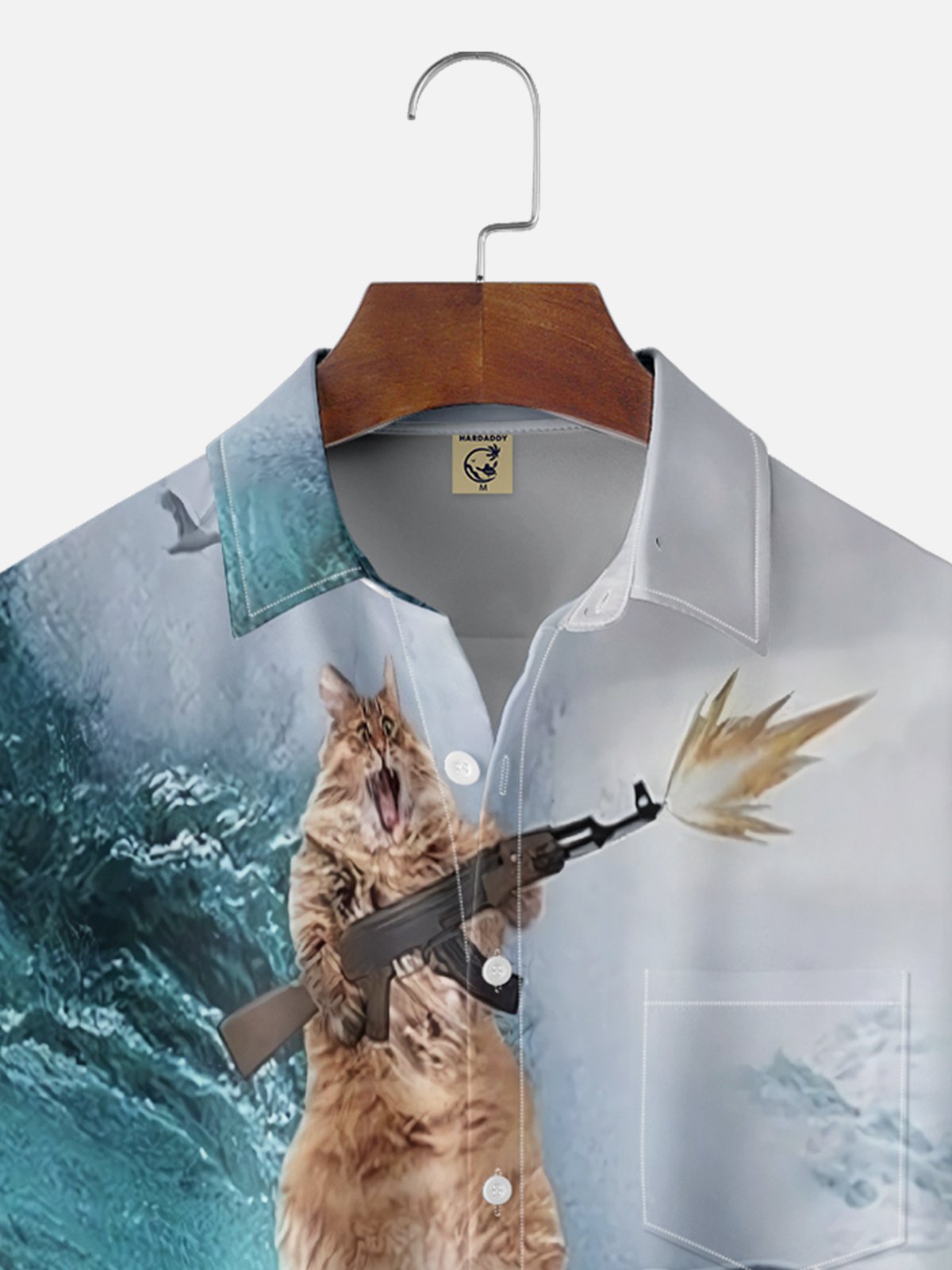 Moisture-wicking Crazy Shark Cat Fun Chest Pocket Hawaiian Shirt