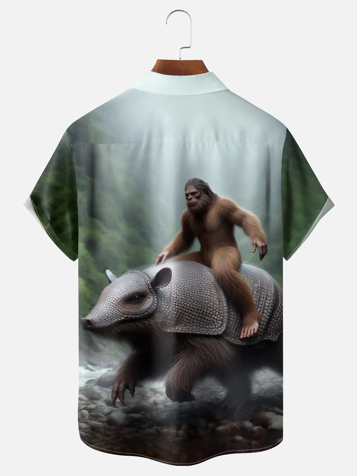 Moisture-wicking Bigfoot vs. Armadillo Fun Chest Pocket Hawaiian Shirt