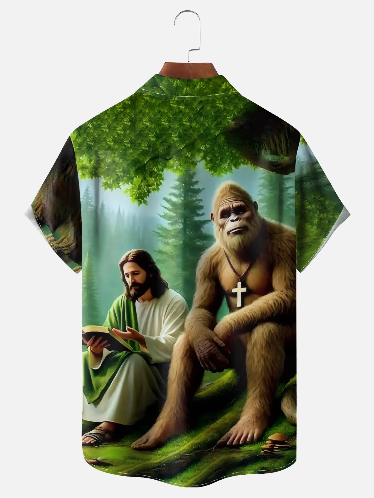Moisture-wicking Bigfoot and Jesus Religious Chest Pocket Hawaiian Shirt