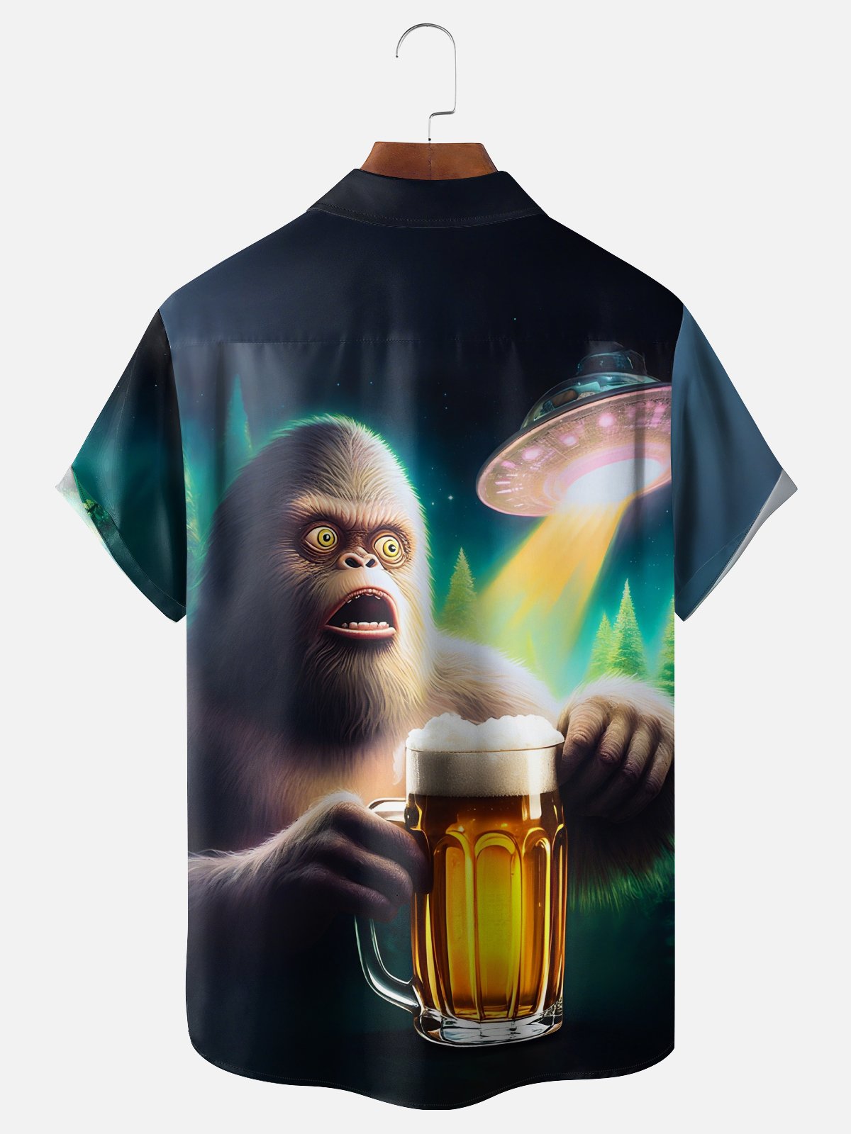 Moisture Wicking Fun UFO Bigfoot Beer Chest Pocket Hawaiian Shirt