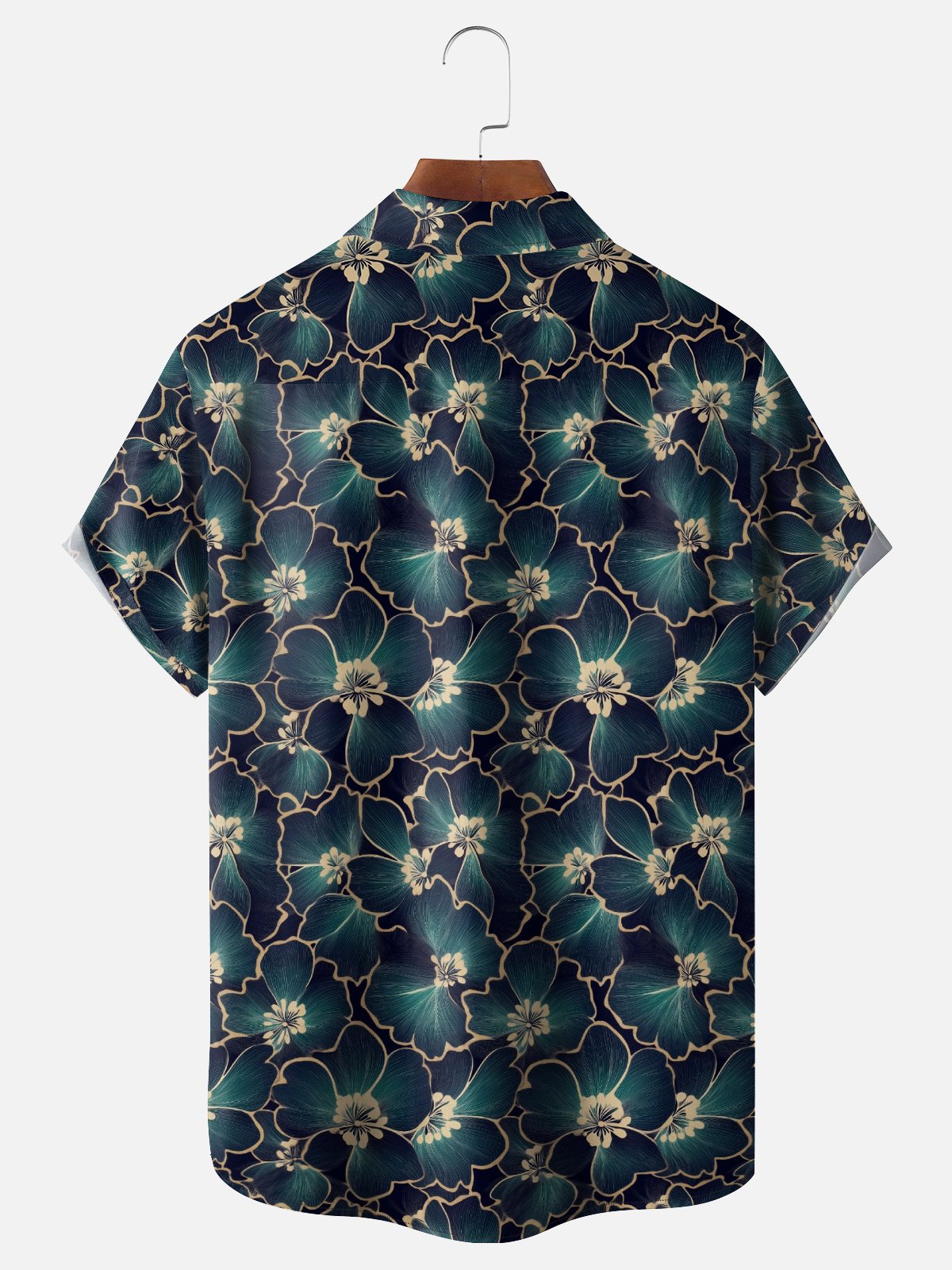 Moisture Wicking Gradient Gold Edge Floral Chest Pocket Hawaiian Shirt