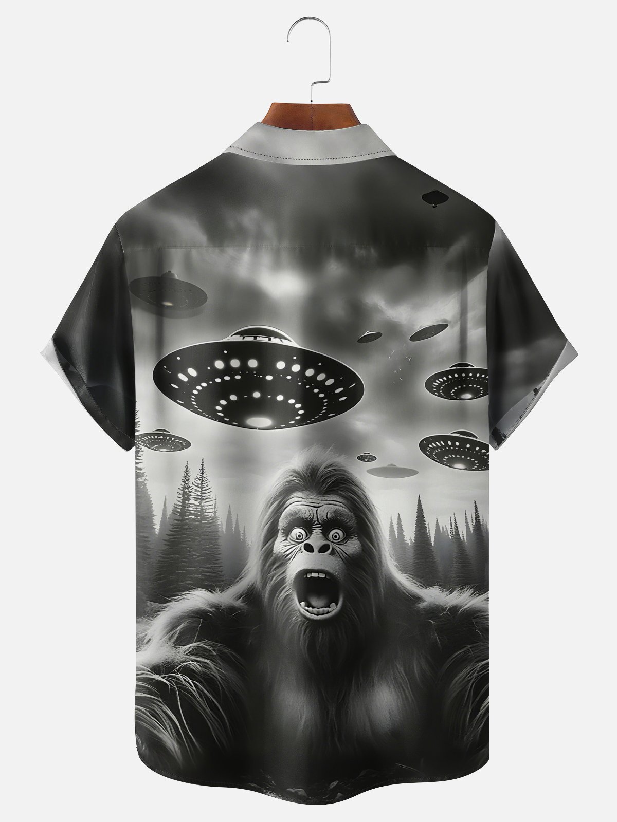 Moisture wicking Funny UFO Bigfoot Chest Pocket Hawaiian Shirt